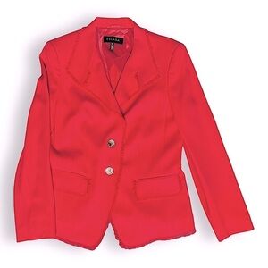 Escada 100% Virgin Wool Red Blazer Pointed Collar Gold Button Closure 40